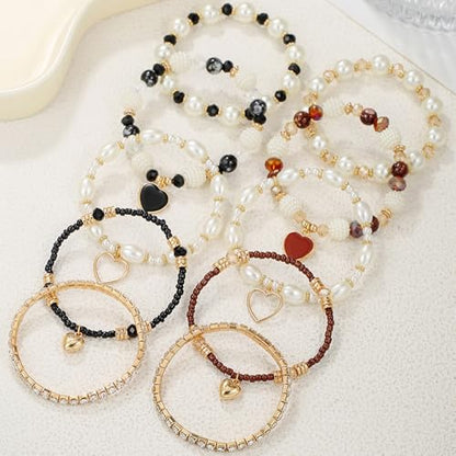 Bohemian Multilayered Faux Pearl Beaded Heart Pendant Crystal Zircon Stackable Multicolor Bracelets Set for Women Handmade Friendship Summer Beach Stretch Bangle Jewelry - color: black