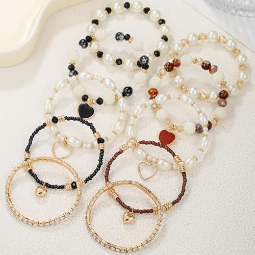 Bohemian Multilayered Faux Pearl Beaded Heart Pendant Crystal Zircon Stackable Multicolor Bracelets Set for Women Handmade Friendship Summer Beach Stretch Bangle Jewelry - color: brown
