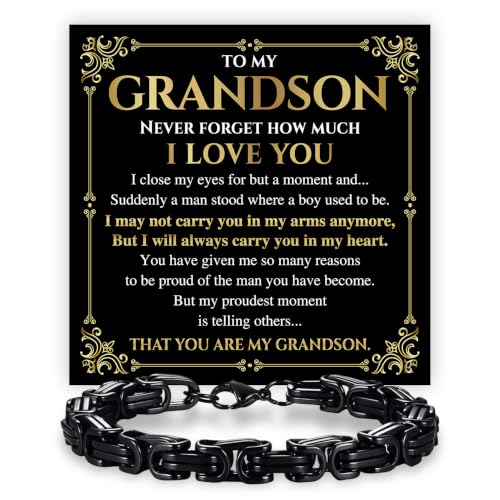 Grandson Gifts from Grandma Grandpa, Black Stainless Steel Bracelet with Meaningful Message Card, Birthday Gift for Grandson, Graduation Christmas Gift, Inspirational Keepsake Jewelry for Men - color: Grandson #1
