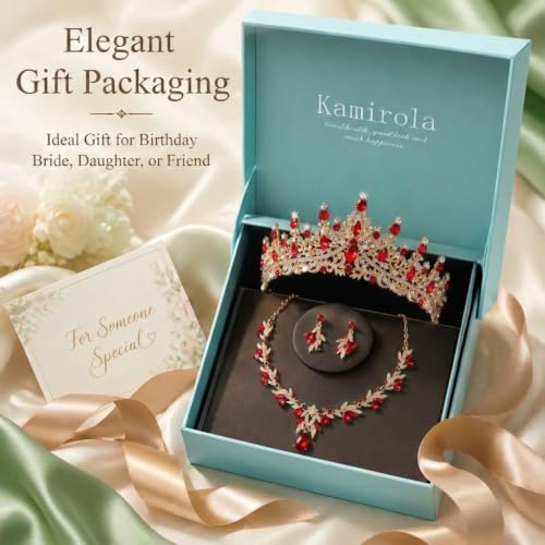 Kamirola Tiaras and Crowns for Women,Tiaras Earrings Necklace, Crystal Bridal Jewelry Set, Costume Jewelry for Women Party Halloween Prom Pageant - color: GOLD RED
