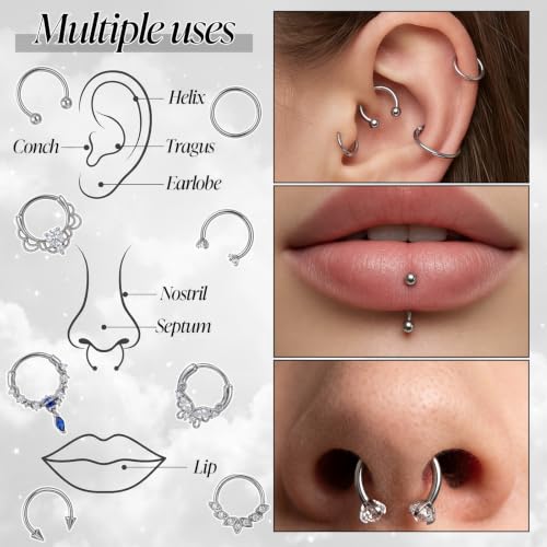 8pcs Surgical Steel Septum Piercing Jewelry 16G Septum Rings Septum Rings | Silver Butterfly CZ Horseshoe Nose Lip Ring for Women Men 8mm 10mm