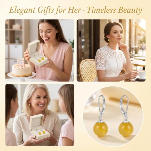 Pearl Leverback Earrings for Women Dangle Round Gemstone Earrings Birthstone Jewelry Gift Anniversary for Her - color: 16 Yellow agate