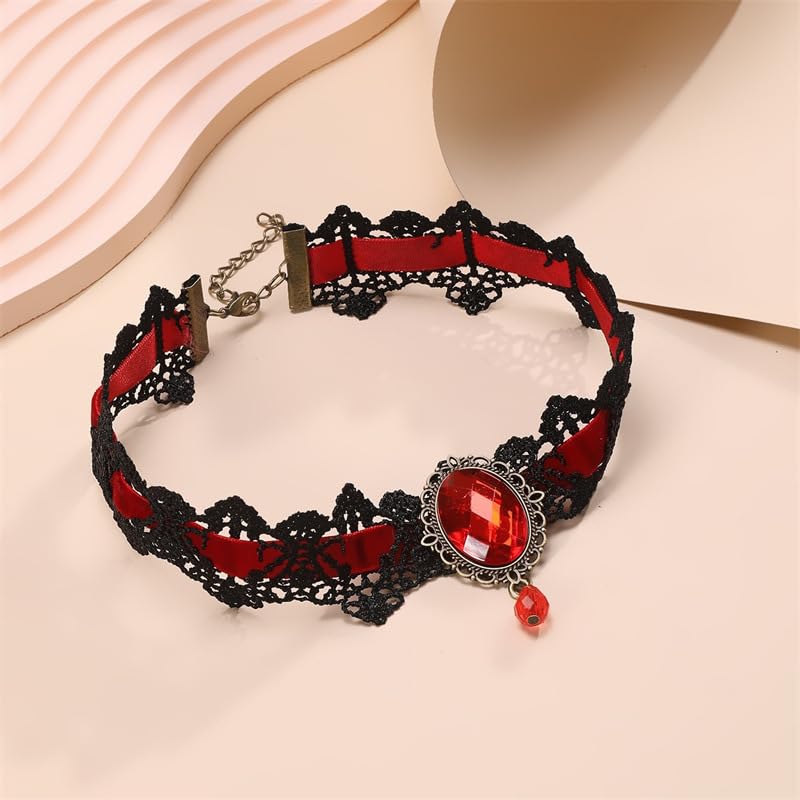 Gothic Lace Choker Vampire Necklace for Women,Black Lace Red Crystal Pendant Necklaces for Halloween,Goth Black Necklace Jewelry Witch Costume Vampire Accessories - style: Style Red