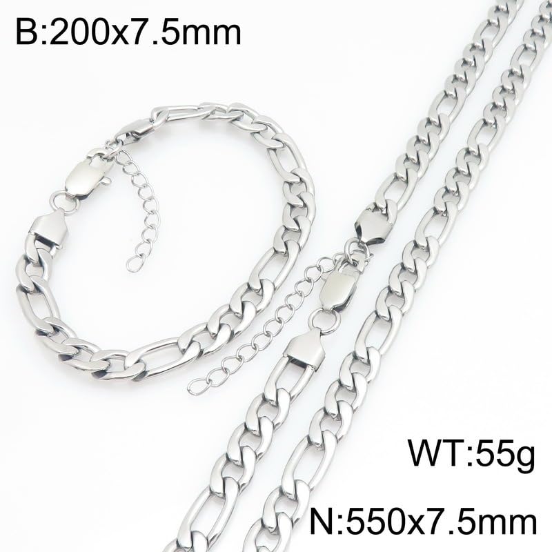 Kemstone Stainless Steel Figaro Cuban Bracelet Necklace Set for Men Women Jewelry - color: Silver 07