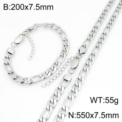 Kemstone Stainless Steel Figaro Cuban Bracelet Necklace Set for Men Women Jewelry - color: Silver 07