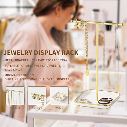 modern T-shaped jewelry rack, jewelry tower, gold metal, square ceramic base decoration display tower, necklace, bracelet, ring storage rack (1-layer ceramic disc) - style: 1-layer ceramic disc