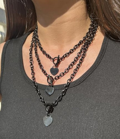 WangGao Elegent Love Stainless Steel Link Chain Blank Heart Charms Necklace for Women Toggle Clasp Closure - color: Black, size: 23.5inches