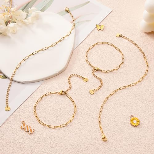 KYUNHOO 10 PCS 6.3 Inches Stainless Steel Paperclip Bracelet Chains Bulk | Gold Plated 3MM Wide Paperclip Chain Bracelet for Jewelry Making with Extender Chain - color: 3x9 paperclip gold