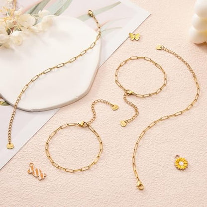KYUNHOO 10 PCS 6.3 Inches Stainless Steel Paperclip Bracelet Chains Bulk | Gold Plated 3MM Wide Paperclip Chain Bracelet for Jewelry Making with Extender Chain - color: 3x9 paperclip gold