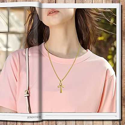 JUNOVUROS 18 to 28 Inches Rolo Chain Ancient Ankh Cross Pendant Necklace for Men Women Boys Girls 316L Stainless Steel with Large And Medium Sizes - color: A-Gold/Size: 1.77 '' * 0.98 ", style: 24 Inches