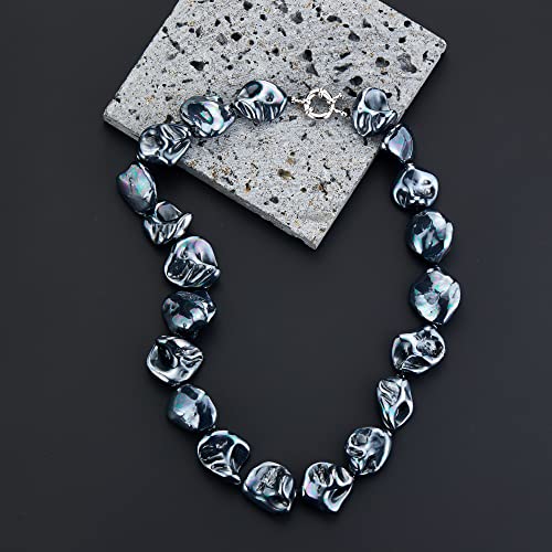 Pearl Choker Necklace for Women Boho Beaded Statement Necklace with Black White Large Freshwater Pearls Silver Fashion Jewelry Gift - color: Bright black