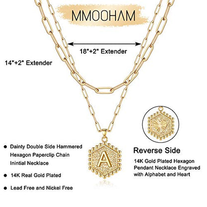 M MOOHAM Dainty Initial Necklaces for Women, 14K-Gold-Plated Layering Necklace for Women Cute Hexagon Letter Initial Necklace Layered Necklaces for Womens Teen Girl Gifts - color: 14K-Gold-Plated, style: A’