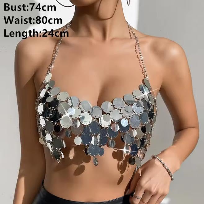 Christmas Summer Beach Sequin Backless Crop Tank Tops for Women Sexy Sparkly Hollow Out Outfit Glitter Bra Tops Festival Rave Body Chain Jewelry (Silver)