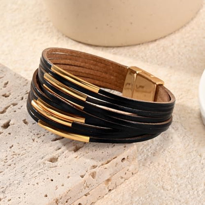 Wrapped Bracelets for Women,Leather Boho Bracelets for Women - color: Leather-Black