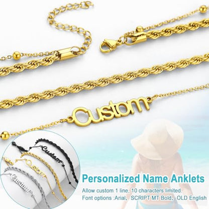 U7 Custom Layered Ankle Bracelets for Women Stainless Steel Bead/Cuban/Figaro/Rope/Wheat Chain Anklet Waterproof Anklet Jewelry for Beach Vacation - color: a-Gold Plated-Rope Chain