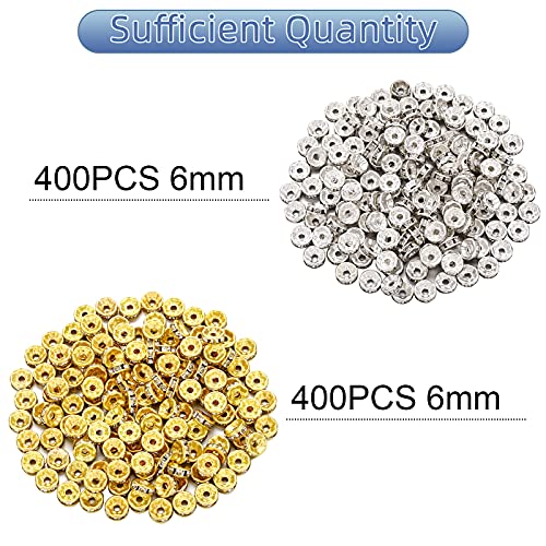 Hicarer 800 Pieces Round Rondelle Spacer Beads Crystal Rhinestone Loose Charm Beads for Jewelry Making(6 mm,Gold, Silver) - size: 6