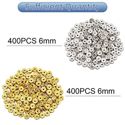 Hicarer 800 Pieces Round Rondelle Spacer Beads Crystal Rhinestone Loose Charm Beads for Jewelry Making(6 mm,Gold, Silver) - size: 6