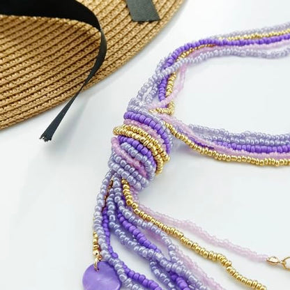 Coiris Long Seed Beaded Multi Strand Necklace,10 Multiple Statement Long Bib Necklace with Tie Knot for Women and Girls Jewelry - color: Purple