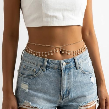 Alloy Waist Chain for Women, Adjustable Body Chain Belt, Layered Bikini Belly Chain, Jewelry for Beach Wear, Summer, Wedding, Festival, Party and Concert - color: Rhinestone Dangle Chain