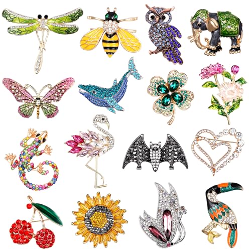 Sasylvia 16 Pcs Women Brooch Set Rhinestone Vintage Animal Insect Plant Pins Brooches Bulk for Christmas Women Girls Gifts - style: Classic