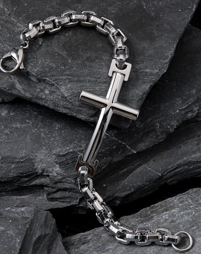 Stainless Steel Mens Cross Bracelet - 18K Gold Plated 316L Christian - Religious Jewelry for Women - color: Rhodium plated