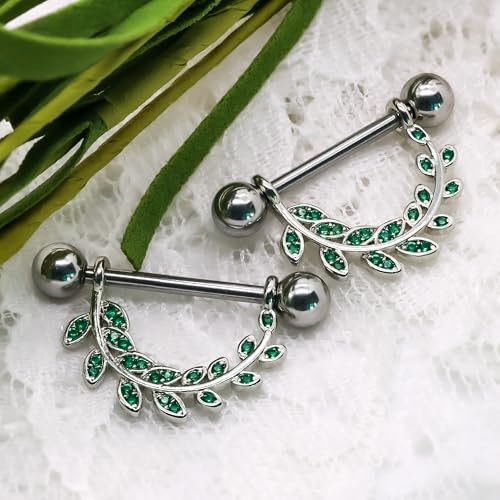 2pcs 14G Nipple Rings Flower Nipple Bars Surgial Steel 316L Nipple Piercing Jewelry Heart Nipple Barbell for Women - color: green leaf
