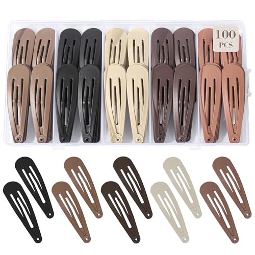100Pcs Snap Hair Clips Hair Barrettes For Women Girls, No-Slip | Metal Hair Snap Clips Accessories, Hairpins, Matte 5 Colors, 2 x 0.55 Inch, Storage Box