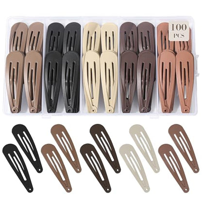 100Pcs Snap Hair Clips Hair Barrettes For Women Girls, No-Slip | Metal Hair Snap Clips Accessories, Hairpins, Matte 5 Colors, 2 x 0.55 Inch, Storage Box