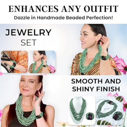 Shop LC Seed Bead Necklace Bracelet Set Boho Jewelry for Women | Multi Layered Boho, Wooden Clasp, 18 Inch Necklace, Stretchable Bracelet - color: Green