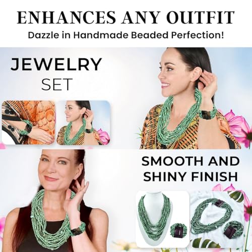 Shop LC Seed Bead Necklace Bracelet Set Boho Jewelry for Women | Multi Layered Boho, Wooden Clasp, 18 Inch Necklace, Stretchable Bracelet - color: Green