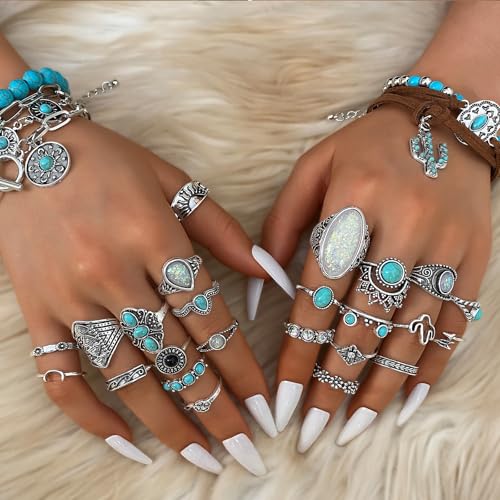 IFKM Bohemian Jewelry Set With Turquoise Necklace, Dangle Earrings, Stackable Bangle Bracelets, Knuckle Rings For Women Vintage Western Boho Turquoise Anniversary Birthday Friendship Gift - style: Bohemian style