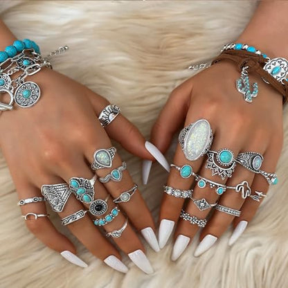 IFKM Bohemian Jewelry Set With Turquoise Necklace, Dangle Earrings, Stackable Bangle Bracelets, Knuckle Rings For Women Vintage Western Boho Turquoise Anniversary Birthday Friendship Gift - style: Bohemian style