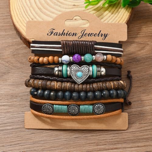 Western Outfits for Women Turquoise Western Bracelets Bohemian Vintage Stackable Beaded Leather Bracelets Adjustable Hand-woven Layered Bracelet Western Country Concert Jewelry for Women - style: Turquoise Love Heart