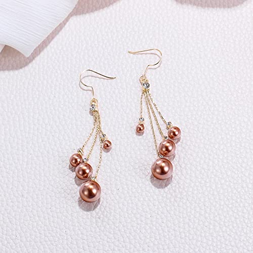 EleQueen Women's Silver-tone Crystal Simulated Pearl 4 Chain Bridal Long Dangle Hook Earrings Ivory Color - color: A-Brown Gold-Tone