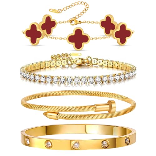 Gold Bracelets for Women, 18K Gold Plated Women Tennis Bracelets Clover Nail Love Bangle Bracelet Set, Gold Bracelet Stackable Set Trendy Jewelry, Gifts for Women's Day and Mother's Day - color: 12-Color- 4 Red