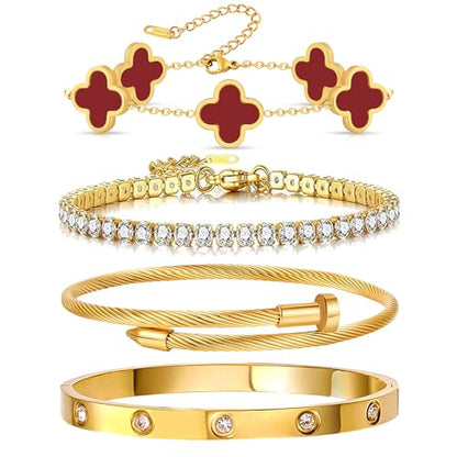 Gold Bracelets for Women, 18K Gold Plated Women Tennis Bracelets Clover Nail Love Bangle Bracelet Set, Gold Bracelet Stackable Set Trendy Jewelry, Gifts for Women's Day and Mother's Day - color: 12-Color- 4 Red