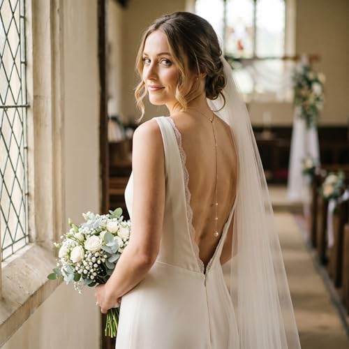 Back Necklace with Rhinestone Pearl Pendant Back Body Chain for Backless Dress Bridal Wedding Backdrop Necklace Crystal Simple Waist Body Jewelry for Women - color: A5:Pearl back necklace