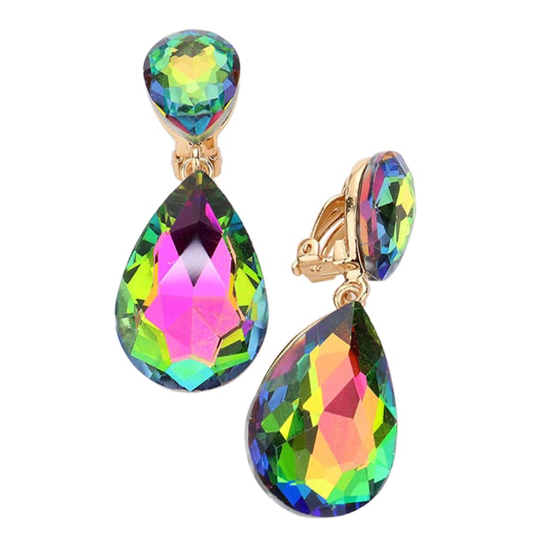 Rosemarie & Jubalee Women's Double Teardrop Statement Glass Crystal Rhinestone Dangle Clip On Bridal Earrings, 2" - color: Vitrail Rainbow Crystal Gold Tone