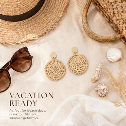 Handmade Raffia Rattan Bohemian Dangle Earrings for Women, Woven Rattan Round Drop Dangle Earrings Beach Jewelry - color: Round B