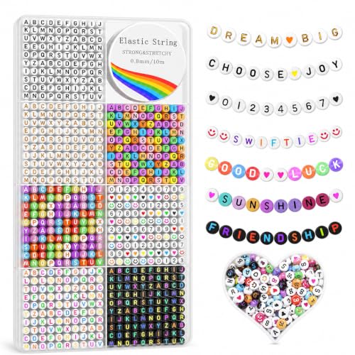 Redtwo 1600Pcs Letter Beads for Bracelets A-Z Alphabet Beads for Bracelets | 6 Styles of Colorful Alphabet Beads, Heart Smiley Number Beads, Friendship Bracelet Kit with Elastic String