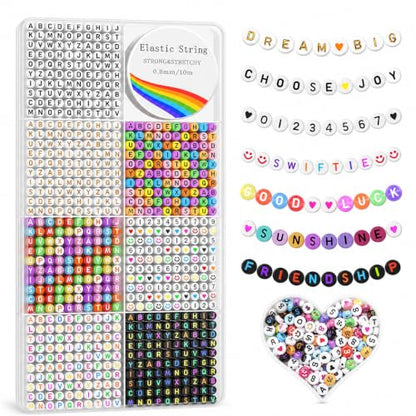 Redtwo 1600Pcs Letter Beads for Bracelets A-Z Alphabet Beads for Bracelets | 6 Styles of Colorful Alphabet Beads, Heart Smiley Number Beads, Friendship Bracelet Kit with Elastic String