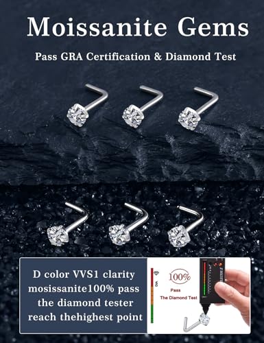 6-Piece L-Shaped Moissanite Nose Stud Set, 925 Sterling Silver Nose Rings | Hypoallergenic Nose Studs Suitable for Nostril, Nasal Septum, and Nasal Cartilage Piercings; Colorfast (Unisex) - color: Silve
