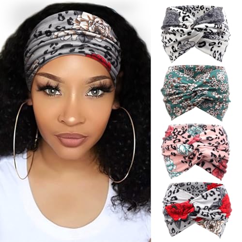 DRESHOW 4 Pack Turban Headbands for Women Wide Vintage Head Wraps Knotted Cute Hair Band Accessories - color: 4 Pcs Printed: Set H