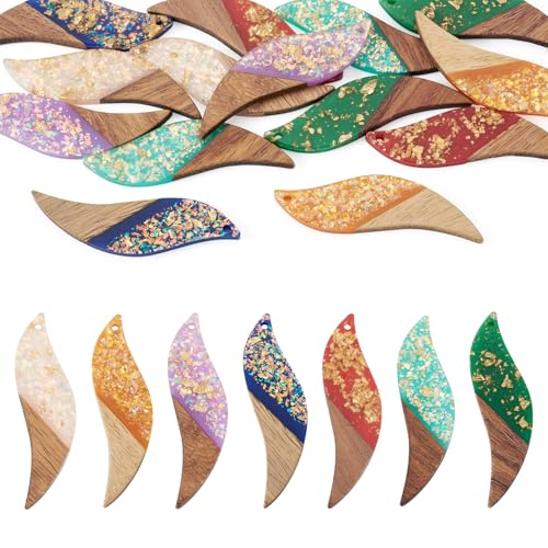 Beadthoven 14Pcs/7 Pairs Glittery Resin Wood Earrings Pendants, Iridescent Leaf Charms Wood Earrings Making kit Bohemian Vintage Wooden Earring Blanks Pieces for Jewelry Making DIY Crafts - color: Leaf