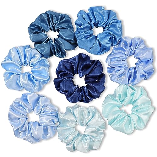 Satin Hair Scrunchies: Cute, Big Pony Tail Holders for Thick, Curly Hair - No Crease, No Damage Hair Ties for Girls and Women - color: Blue