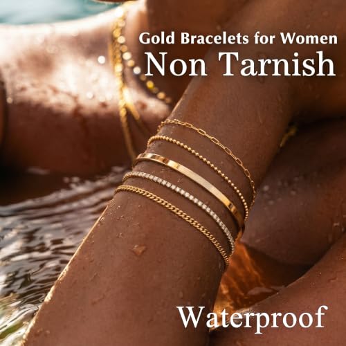 Dainty Gold Bracelet for Women Trendy Non Tarnish, Thin Bracelets Stackable Set with Bangle Cuff, Box, Herringbone, Paperclip, Figaro, Sparkling Link Chains Waterproof, Simple Jewelry Gifts for Women - color: Gold-tennis/cuban/bangle/paperclip/Beaded