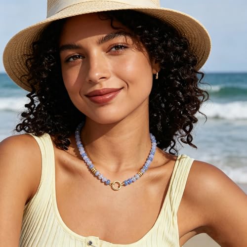 Beaded Necklaces for Women Boho Colorful Bead Choker Necklace Natural Gemstone Handmade Summer Beach Layering Necklace Jewelry Gift for Women - color: Aqua Blue