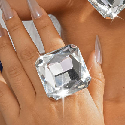 Chunky Oversized Huge Square Open Ring for Women Artificial Crystal Rhinestone Band Rings Statement Geometry Exaggerated Adjustable Cocktail Party Jewelry - color: Silver