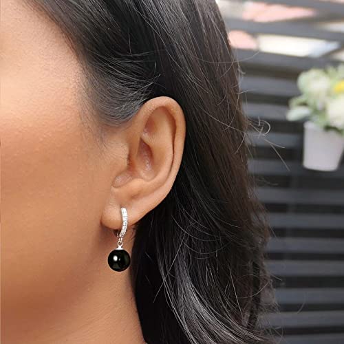 CERSLIMO Pearl Drop Earrings for Women | S925 Sterling Silver Post Simulated Shell Pearl Hoop Dangle Earrings, Hypoallergenic Cubic Zirconia Huggies Earrings Bridesmaid Jewelry - style: 01 Black-Round
