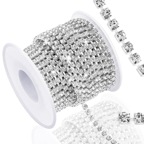 Rhinestone Chain, 10-Yards 2MM Crystal Rhinestone Close Chain Trim for Sewing Crocs Shoes Clothes Cups, Rhinestone Chains for Jewelry Wedding Bouquet DIY Decoration, Silver Transparent Crystal - color: Silver Base with Clear Rhinestones, Length: 10 Yards,